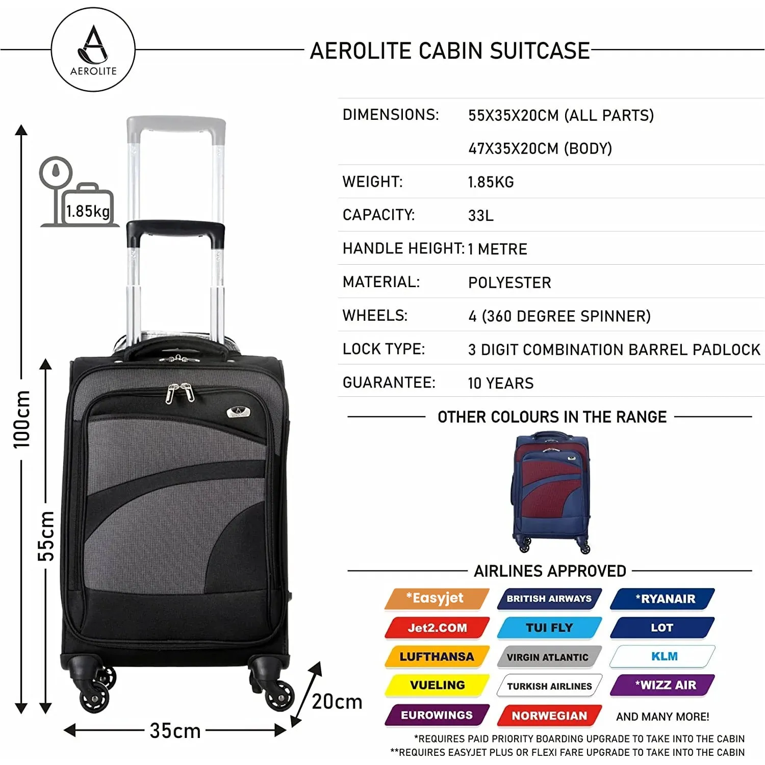 Aerolite (55x35x20cm) Lightweight Soft Shell Cabin Hand Luggage (x3 Set) | 4 Wheels