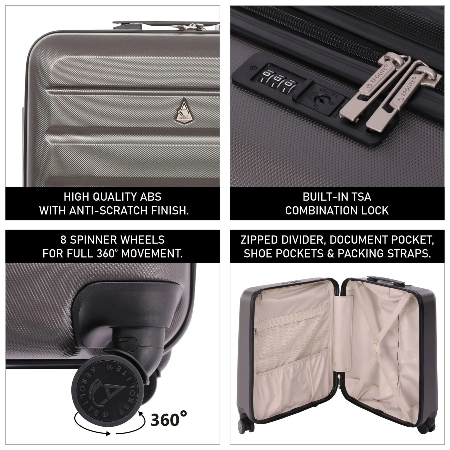 Aerolite 56x45x25cm Easyjet Large Cabin, British Airways, Jet2 Maximum Allowance 8 Wheel Ultra Light 8 Wheels Suitcase
