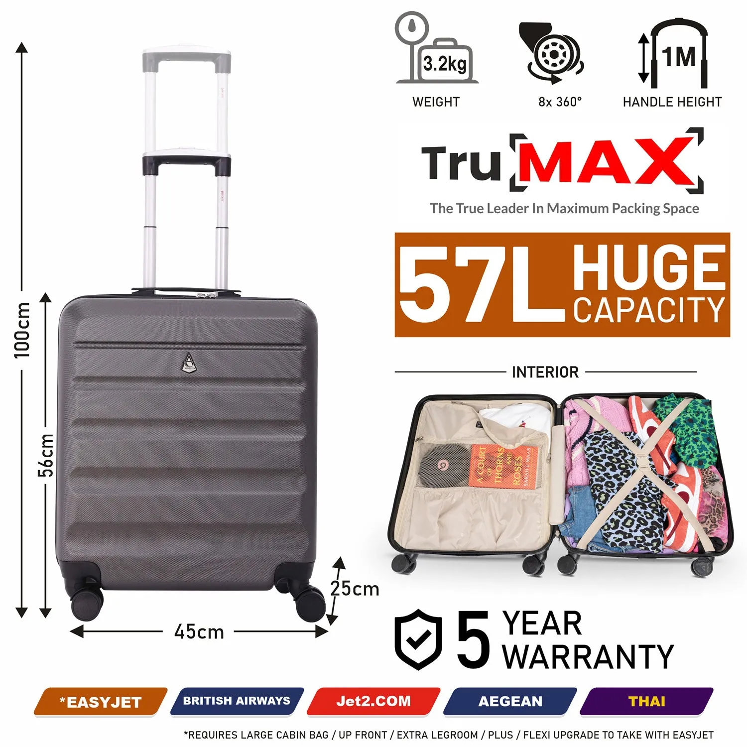 Aerolite 56x45x25cm Easyjet Large Cabin, British Airways, Jet2 Maximum Allowance 8 Wheel Ultra Light 8 Wheels Suitcase